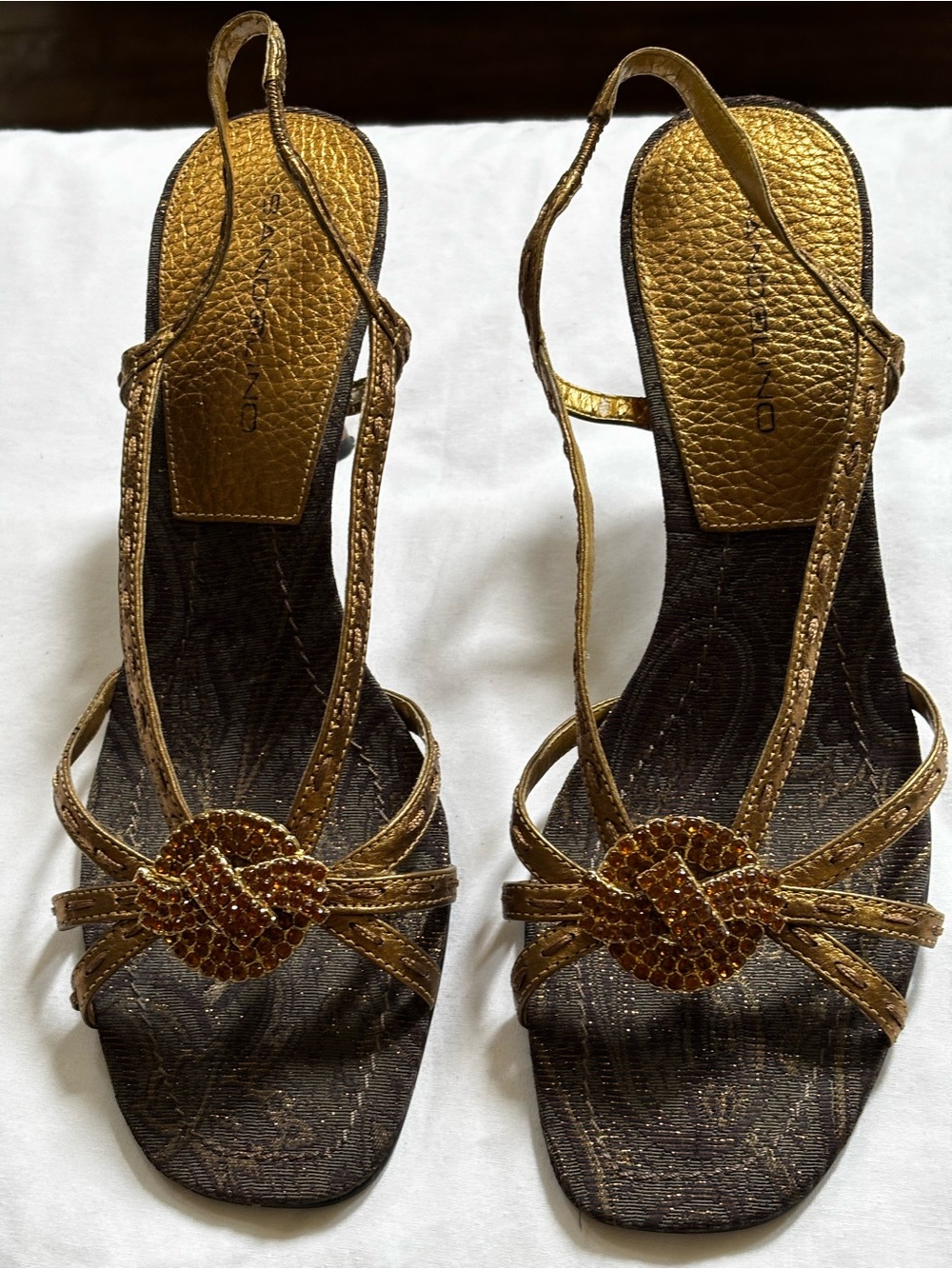 Bandolino Gold Strappy Slingback Sandals with Decorative Crystal Knot